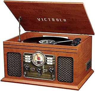 Victrola Quincy - 6-in-1 Bluetooth Record Player - Mahogany | Plays vinyl, CD, cassette and FM radio through built-in stereo speakers, Bluetooth and aux streaming, headphone jack