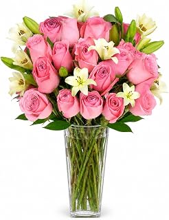 Pink Rose and Alstroemeria Bouquet - (Glass Vase Included) - Fresh Cut Flowers for Delivery - Long Stem Roses and Lilies - Gift for Mothers Day, Birthday, Anniversary, Get Well