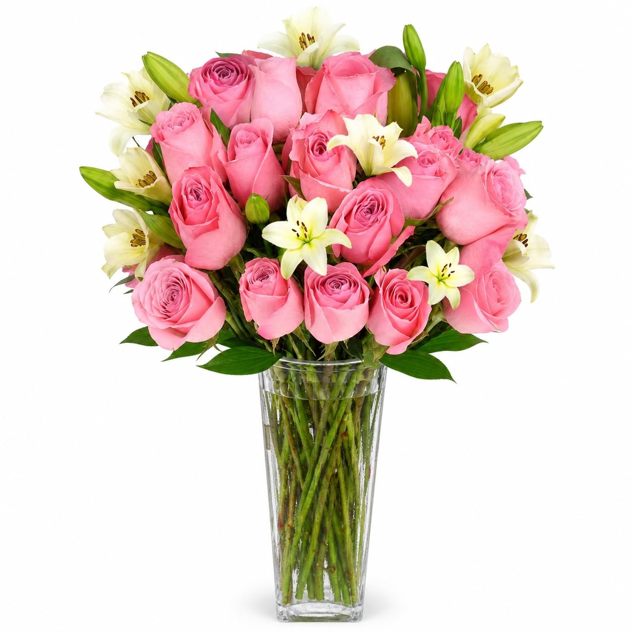 Pink Rose and Alstroemeria Bouquet - (Glass Vase Included) - Fresh Cut Flowers f