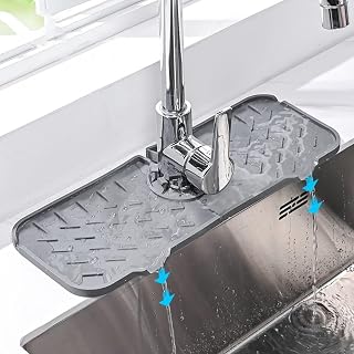 Silicone Faucet Handle Drip Catcher Tray Mat, Non-Slip Self Drain Kitchen Sink Faucet Splash Guard Dish Soap Dispenser Sponge for Kitchen Bathroom Countertop Protection, Gray Style