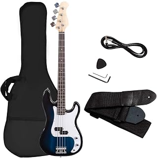Goplus Electric Bass Guitar, Full Size 4 string with Strap Guiter Kit/w Carrying Bag, 2 Pickup, Perfect Bass for Beginners (Blue Bass 4 Straps)