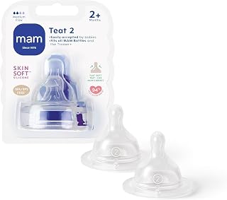 MAM Teats Size 2, Medium Flow, 2 Pack | Suitable from 2+ Months, Fits All MAM Bottles, Made from SkinSoft Silicone, Baby Accessories for Newborn