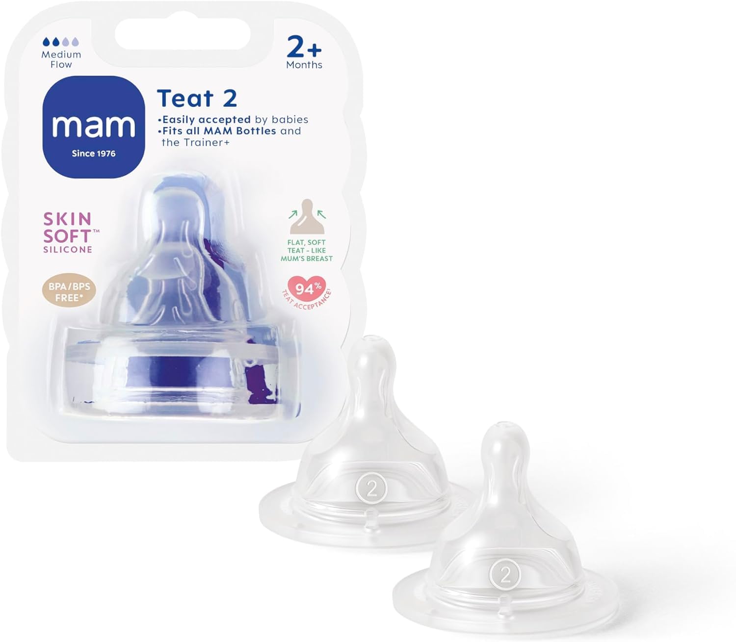 MAM Teats Size 2, Medium Flow, 2 Pack | Suitable from 2+ Months, Fits All MAM Bo