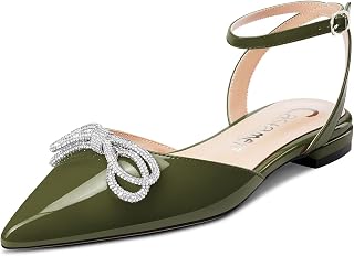 Castamere Women's Low Heel Pointed Toe Ankle Strap Flat Shoes Pumps Diamante Crystal Prom Party 1 CM Heels