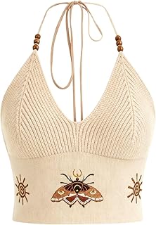 Verdusa Women's Y2k Halter Tops Embroidery Crop Top Western Cowgirl Shirts