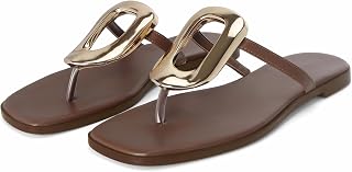 Wnshonzy Flip-Flops for Women Thong Sandals Flat Slip on Slides Beach Comfort Open Square Toe Ladies Slipper Dressy Metal Hardware Decoration Summer Shoes Casual Fashion