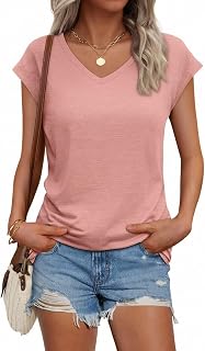 Womens Summer Casual Loose Fit T-Shirts Cap Sleeve V Neck Tops