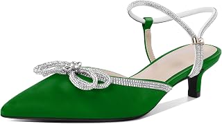 Eldof Women's Rhinestone Bow Heels Sparkly Ankle Strap Closed Pointed Toe Kitten Low Heel Pumps 1.5 Inches