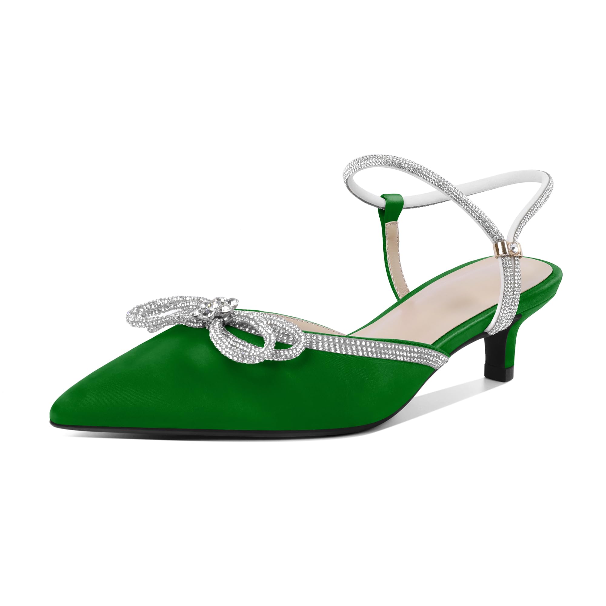 Eldof Women's Rhinestone Bow Heels Sparkly Ankle Strap Closed Pointed Toe Kitten