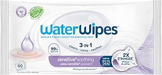 WaterWipes Sensitive+ Soothing Wipes, 3-In-1 Cleans, Cares, Soothes, 99% Water with Botanical Extract, Unscented & Hypoallergenic Baby Wipes, 60 Count (1 Pack)