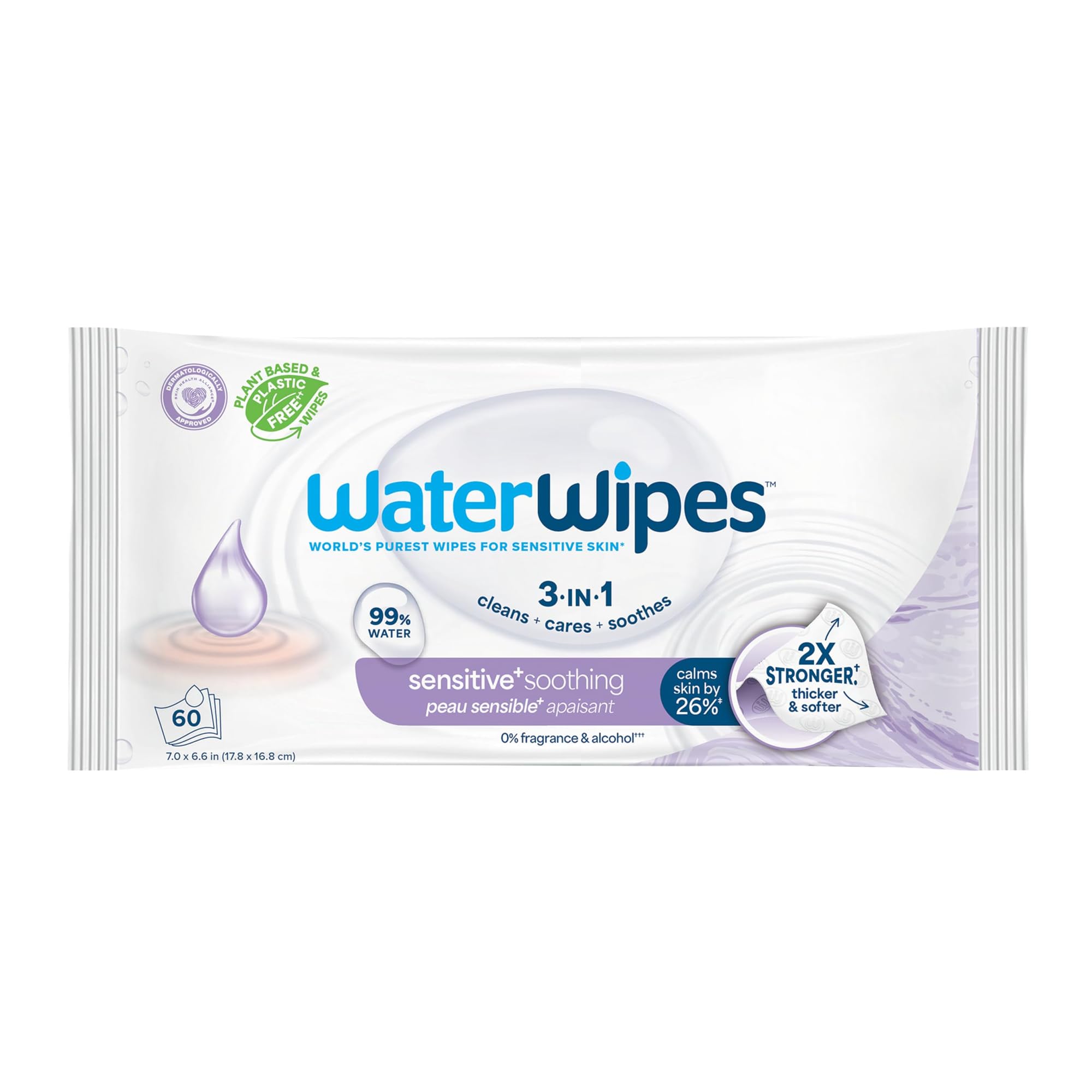 WaterWipes Sensitive+ Soothing Wipes, 3-In-1 Cleans, Cares, Soothes, 99% Water w