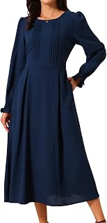 Seta T Women's Fall Dress Frilled Long Sleeve A-Line Casual Midi Dresses
