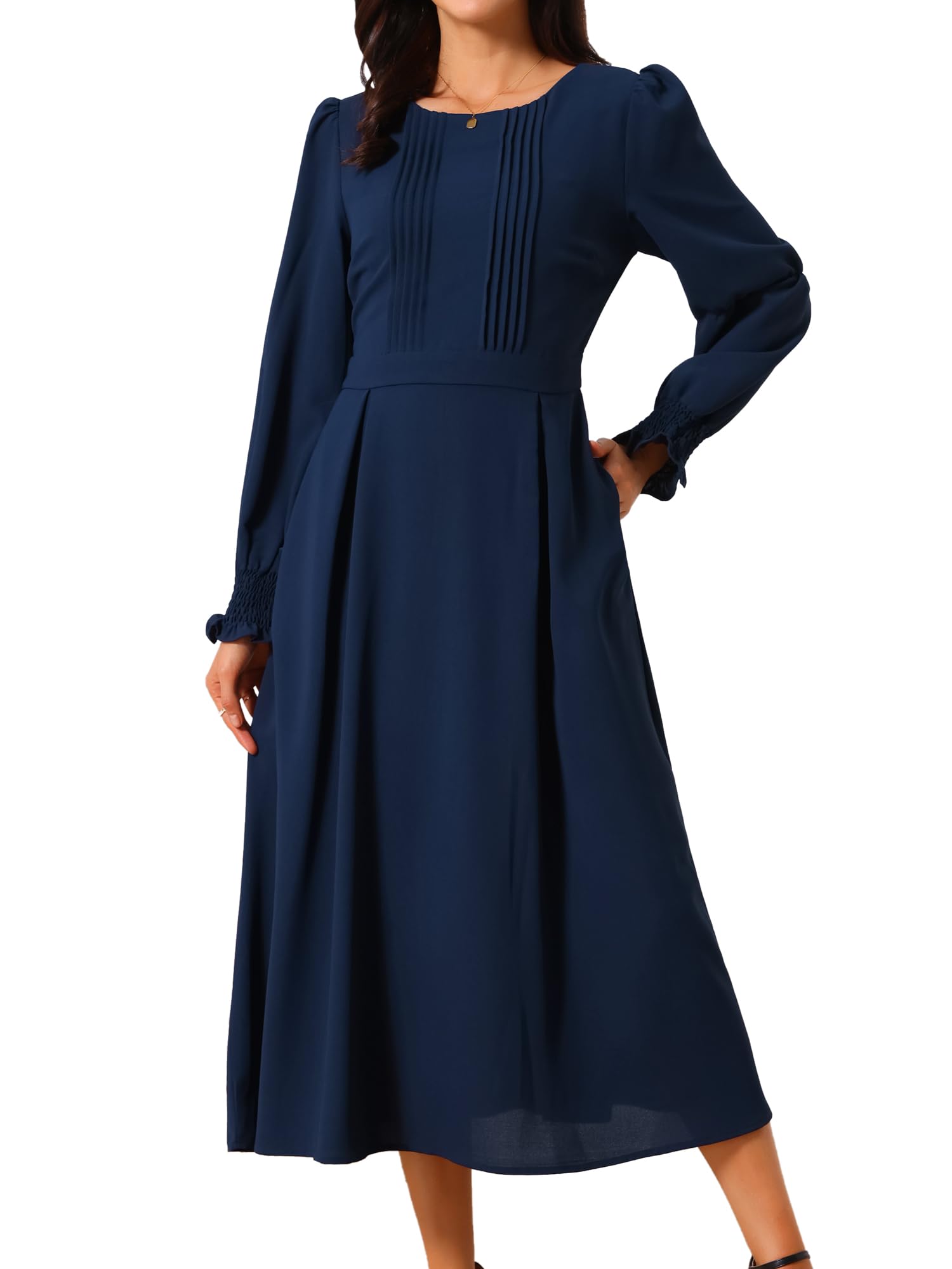 Seta T Women's Fall Dress Frilled Long Sleeve A-Line Casual Midi Dresses