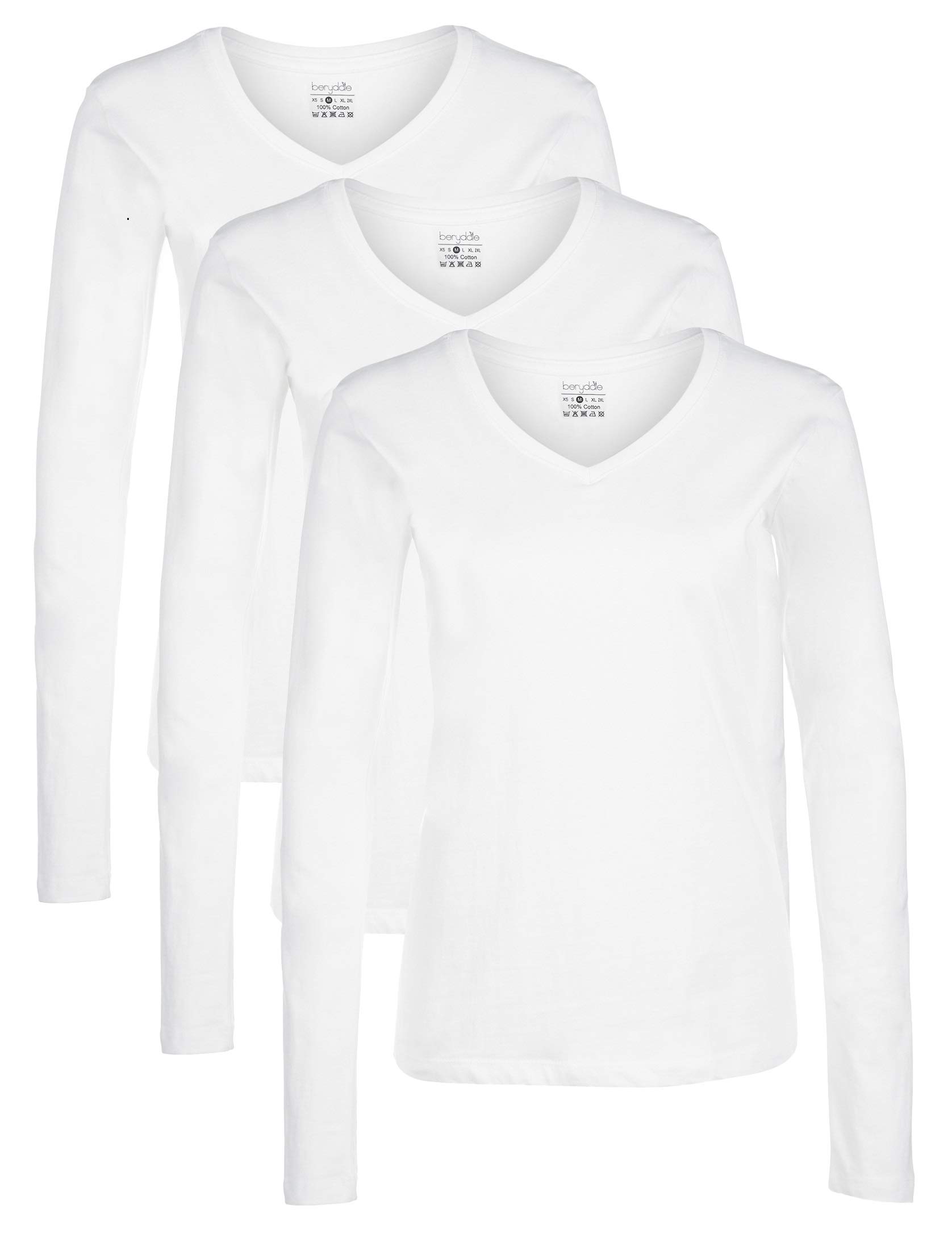 berydale Damen Langarm-T-Shirts, 100% Baumwolle, V-Ausschnitt