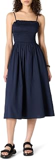 Amazon Essentials Women's Regular-Fit Cotton Sateen Smocked Bodice Midi Dress with Removable Straps, A-line Ruffle