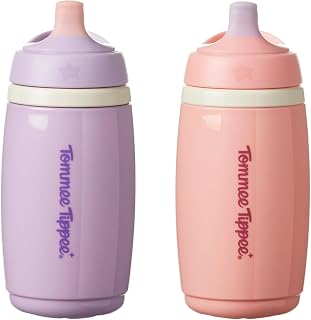 Tommee Tippee Insulated Active Spout Cup 12m+, 266ml, Pink and Purple | Easy-Hold Handles for Little Hands, Pack of 2.