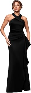 X'SCAPE Women's Techno Scuba Criss Cross Halter Neck Ruffle Floor Length Dress (Petite)