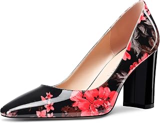 NobleOnly Women's High Chunky Wide Heel Square Closed Toe Slip-on Pumps Classic Cute Dress Shoes