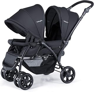 BABY JOY Double Stroller, Foldable Lightweight Twin Stroller with Tandem Seating, Adjustable Backrest/Canopy/Footrest, 5-Point Harness, Storage Basket, Newborn and Toddler (Black)