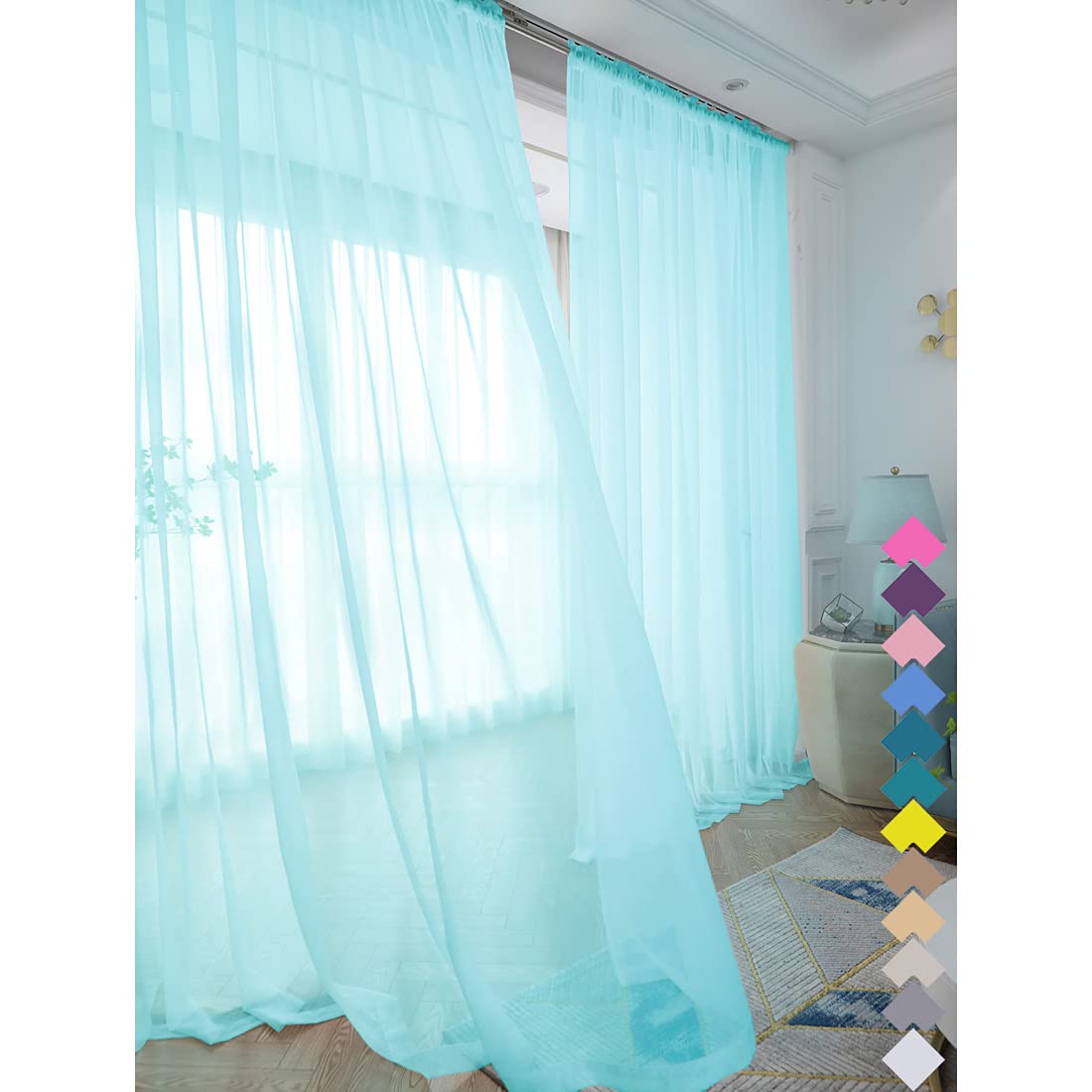 L&TEC Window Lake Blue Sheer Curtains 48 Inches Width 45 Inches Long 2 Panels Sh