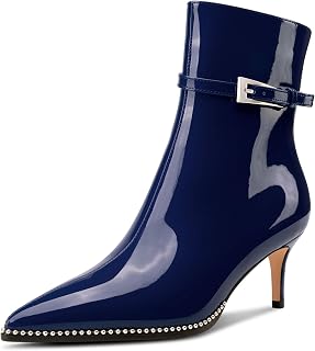 NobleOnly Women's Half Kitten Heel Closed Toe Pointed Toe Ankle Boots Buckle Closure Zipper Casual Boots 6.5cm Heels