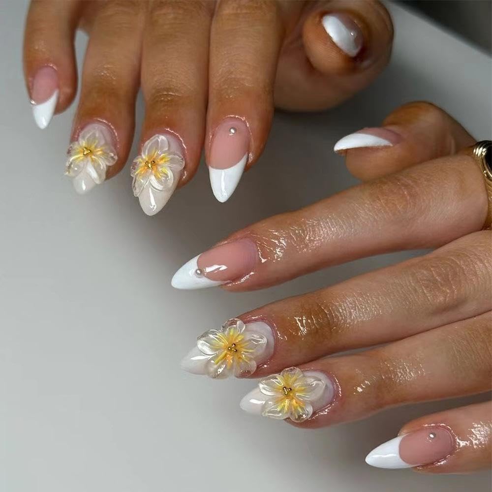 Long Almond Nail Set - Pearl and Flower Accent Tips for Shiny Manicure