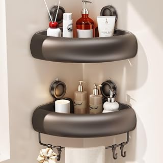 Voldra Corner Shower Caddy Suction Cup No Drilling, Arc Shower Shelf Coner Bathroom Coner Shelves Suction Shower Organiser Rack Corner Caddy with Towel Bar Wall Mounted(2-Pack, Grey)