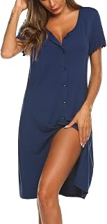 Ekouaer Women's Nightgown Short Sleeve Sleepwear Buttons Front Night Dress Summer V Neck