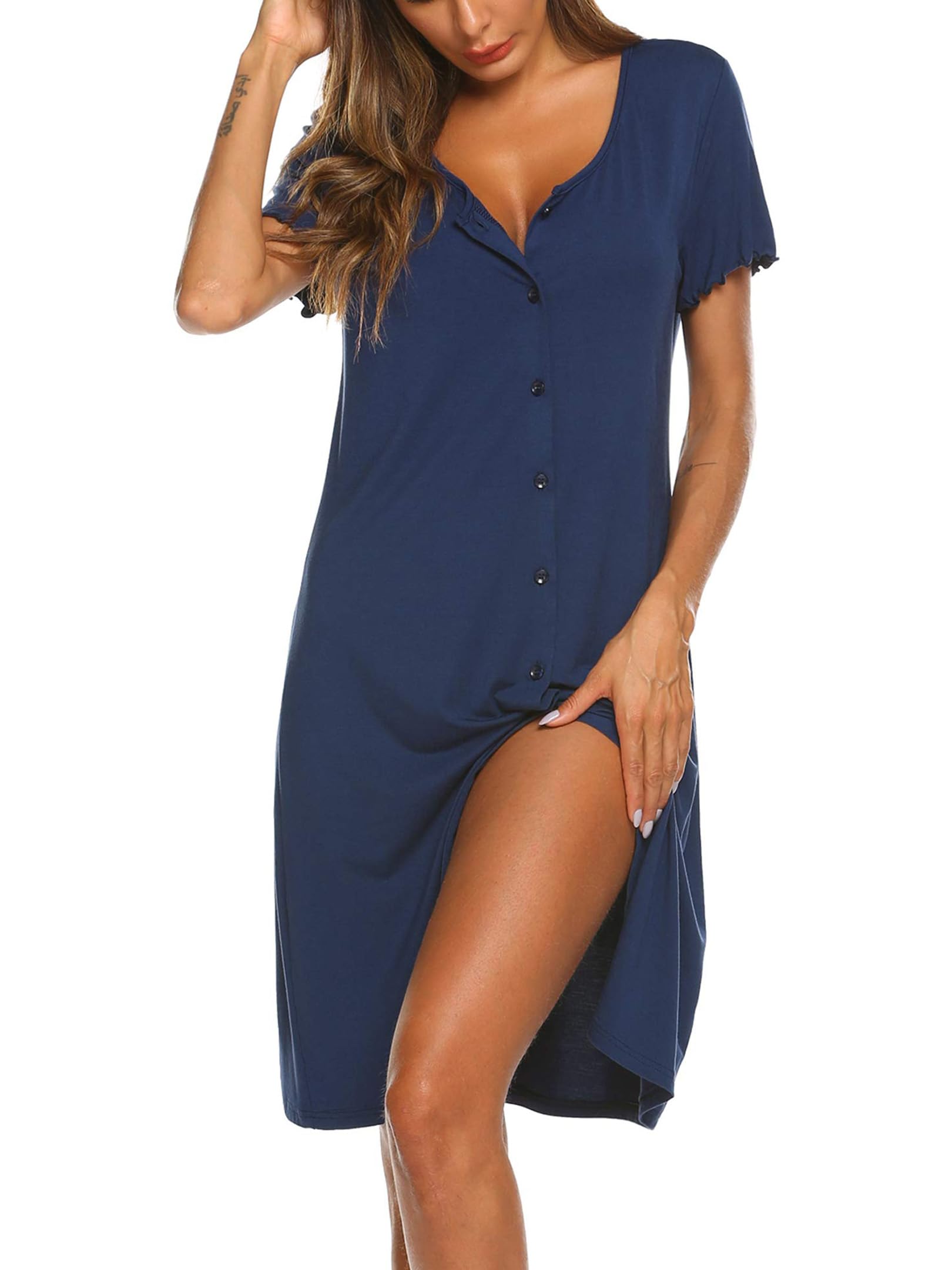 Ekouaer Women's Nightgown Short Sleeve Sleepwear Buttons Front Night Dress Summe