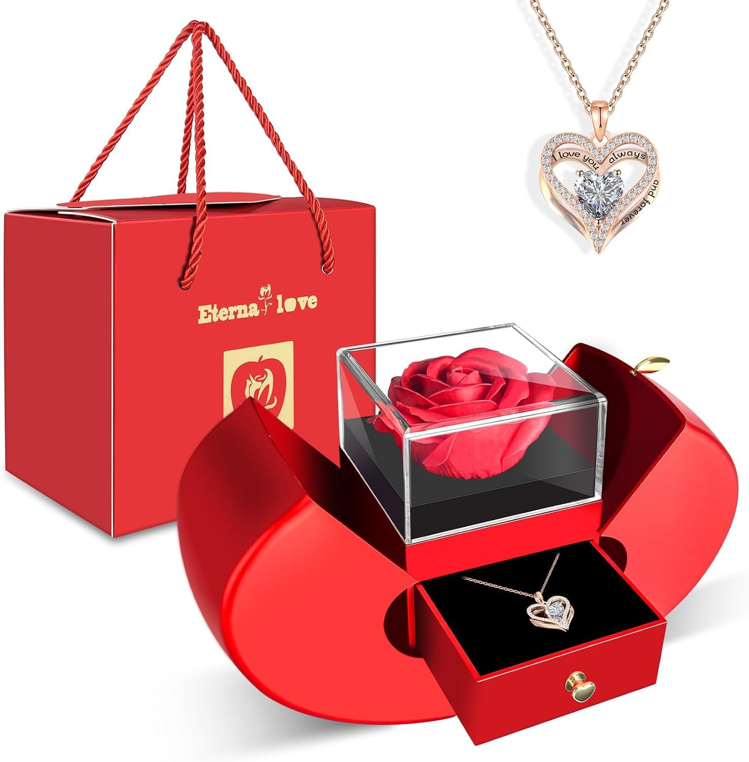 WEIMIL Eternal Red Rose with Heart Necklace, Gifts for Mother, Girlfriend, Women