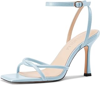 HDEUOLM Women's Stiletto High Heel Square Pointed Toe Sandals Ankle Strap Dance Party Dress 10 CM Heels