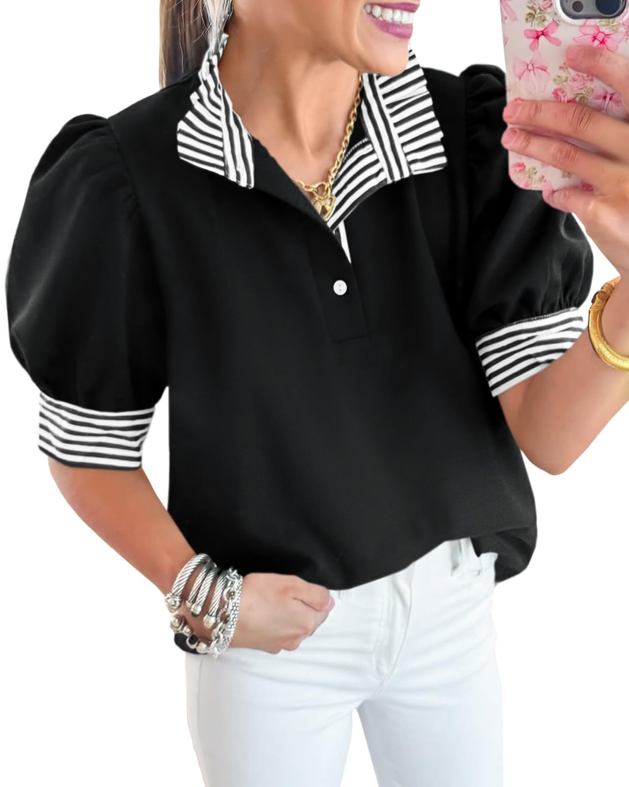 Cicy Bell Women Summer Blouses Puff Sleeve Casual Elegant Ruffle V Neck Color Bl