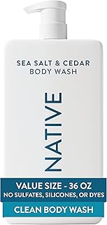 Native Clean Body Wash for Women & Men, Sea Salt & Cedar Scent, 36 fl oz | Gentle & pH Balanced for Sensitive Skin | 24HR Freshness | Free of Sulfates, Parabens, Phthalates | Vegan & Cruelty-Free