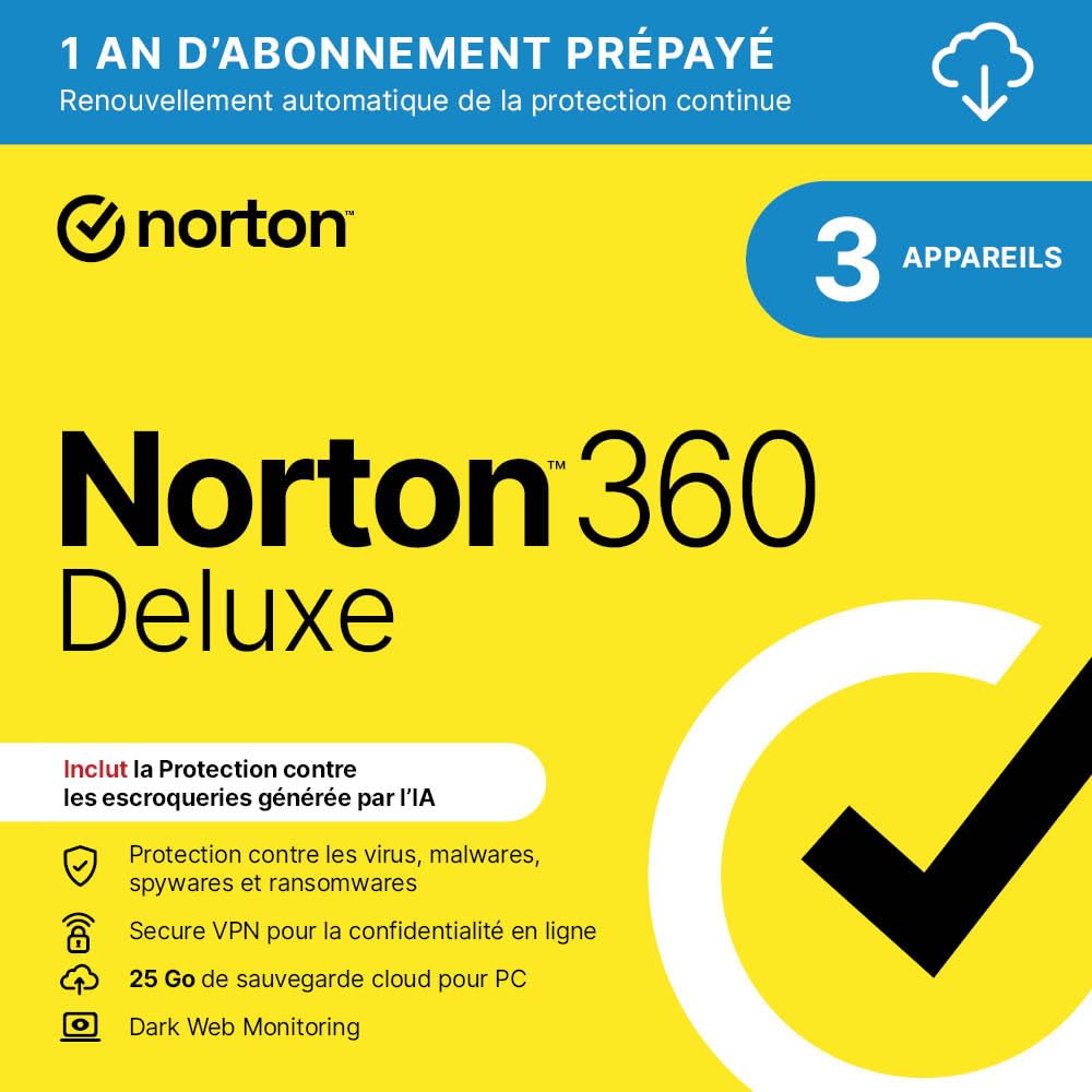 Norton 360 Deluxe |3 Appareils | 1 An d'Abonnement en renouvellement automatique