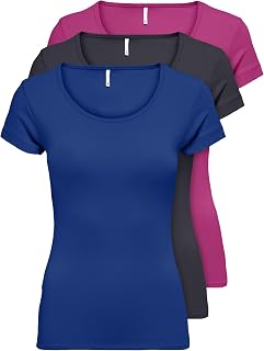 ONLY Pack of 3 Women's T-shirts in Black or White, Long and Short Sleeves, Basic T-shirts for Summer XS S M L XL 15209153