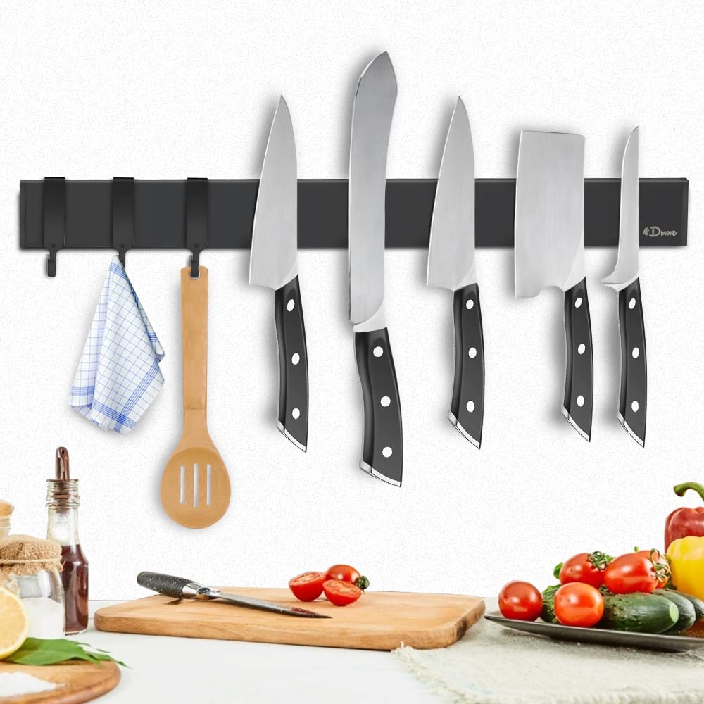 Dmore Magnetic Knife Rack with 3 Hooks-Extra Strong Magnetic Knife Holder Made o