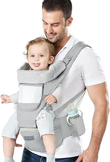 Azeekoom Baby Carrier Ergonomic with Hip Seat, Cotton Child Carrier Dorsal and Ventral, Lightweight Breathable, Adjustable Headrest for Babies and Children from 3 to 48 Months(Grey)