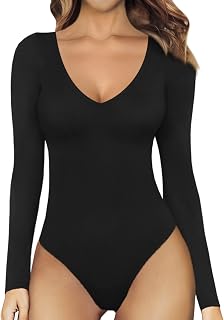 Women's Bodysuits Deep V Neck Long Sleeve Stretchy Basic Bodysuit Tops