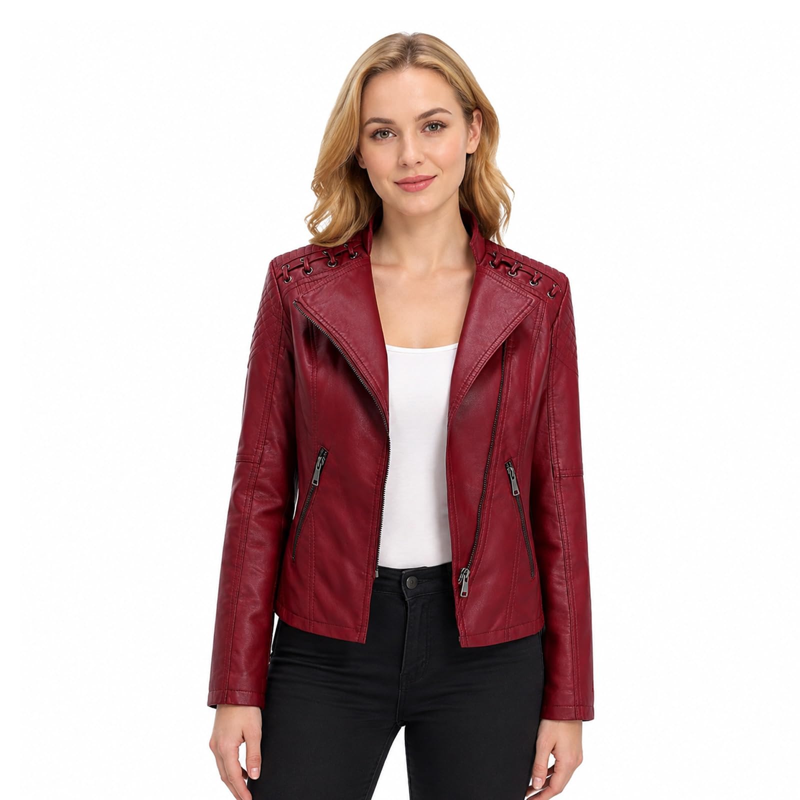 YMADREIG Leather Jacket Women Zip Up Long Sleeve Crop Motorcycle Jackets Slim Fi