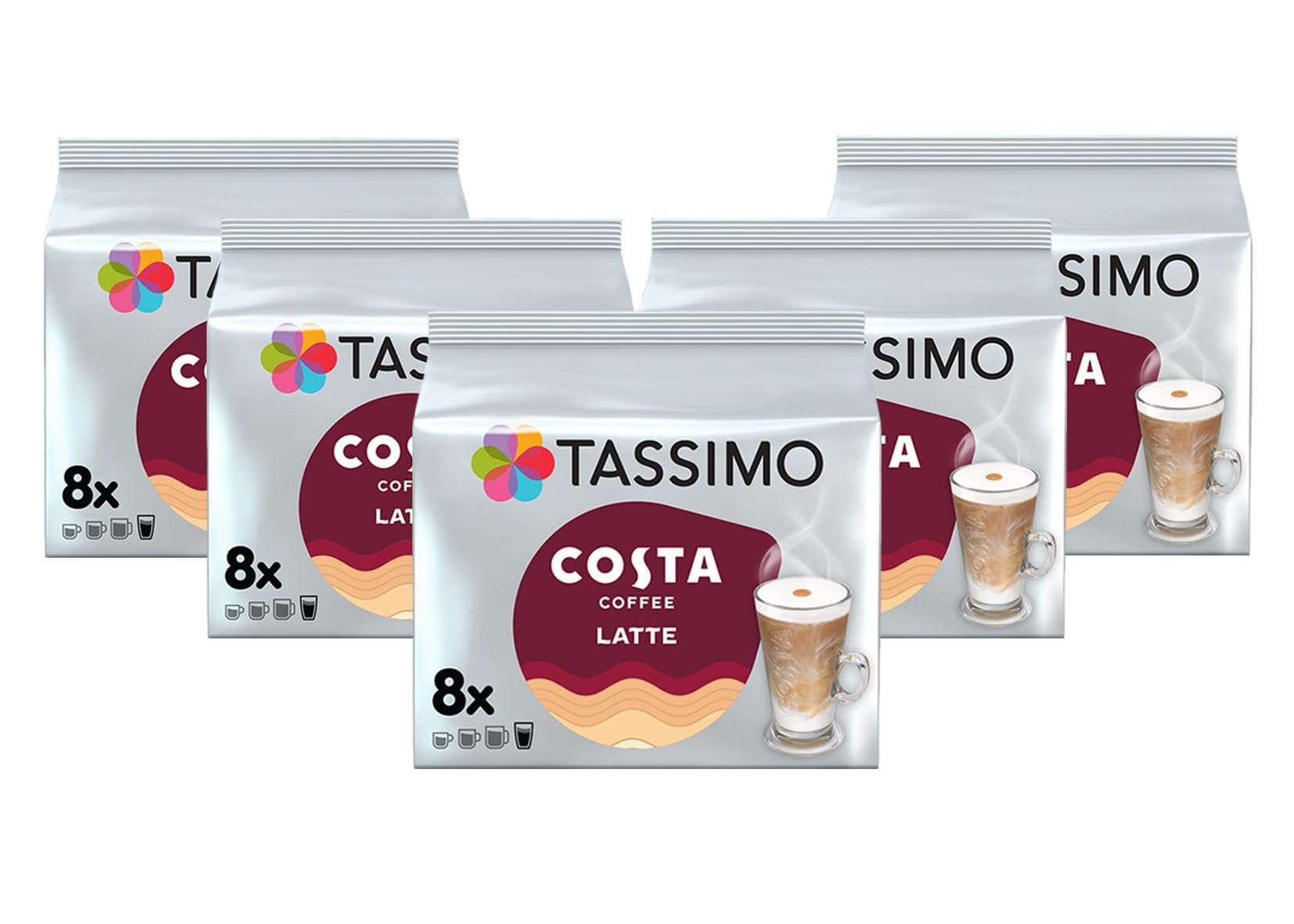 Tassimo Costa Latte Medium Roast Coffee Pods, Pack of 5, Total 40 Cups