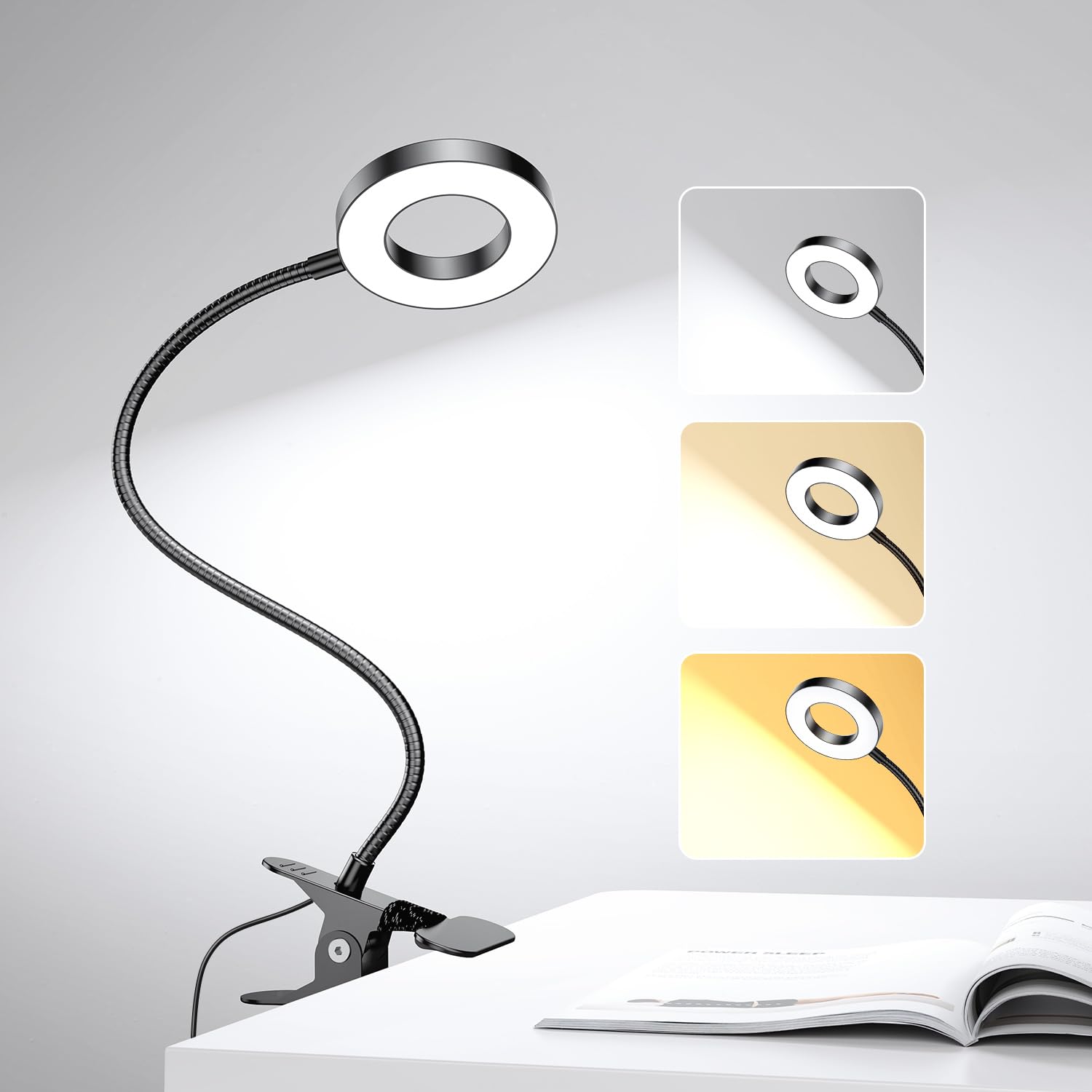 GARMESE LED Desk Lamp Clip on Light with 3 Color Modes 10 Brightness Ring/Clamp 