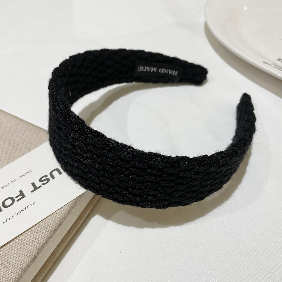 Women Wide Headbands Textured Check Letter Label Elastic Fabric Headbands Daily 