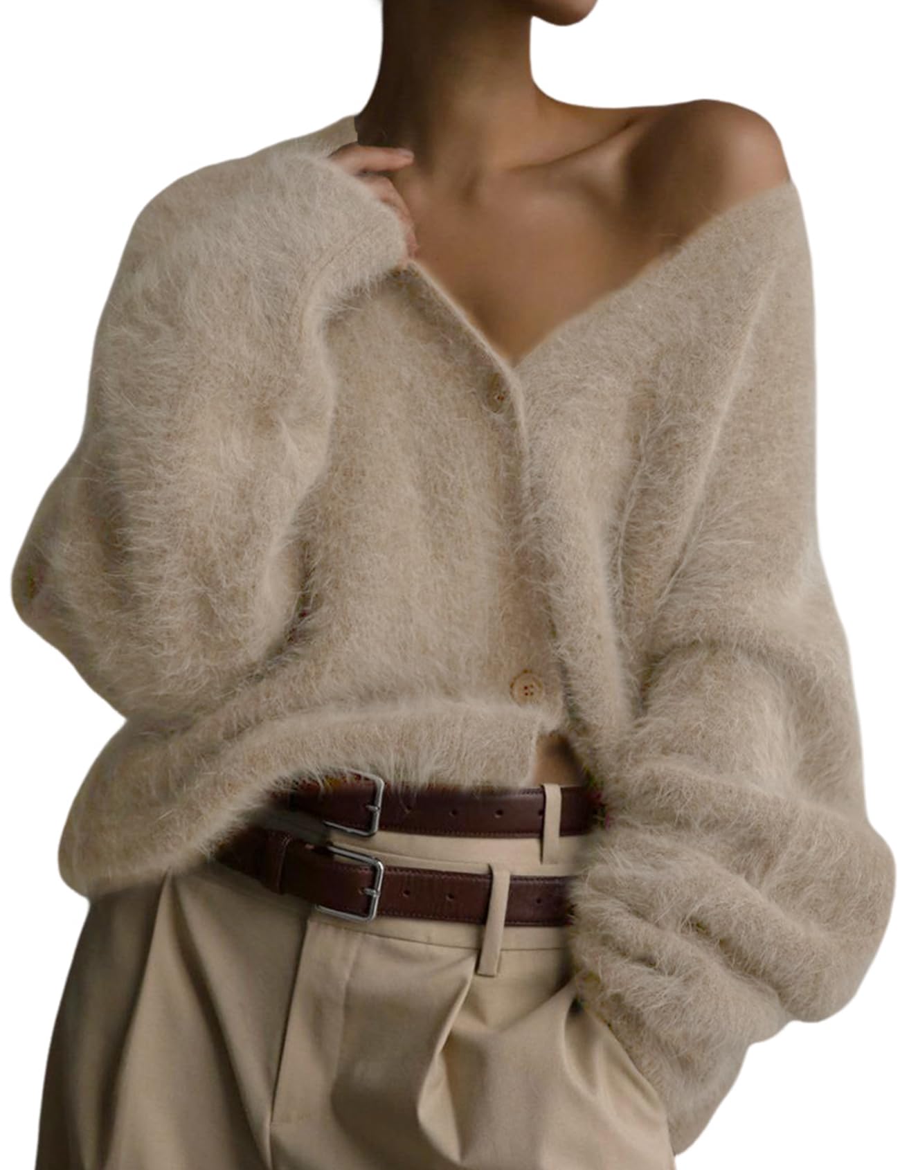 Yimoon Fuzzy Cardigan Sweater for Women V Neck Long Sleeve Button Down Loose Fuz