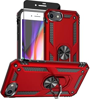 for iPhone SE 3/2 (2022/2020), iPhone 8/7 Case with HD Screen Protector, 4.7-Inch [Military Grade 16ft. Drop Tested] Ring Shockproof Protective Phone Case Red