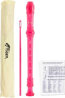 Tiger REC7-PK Descant/Soprano School Recorder - Pink | with Bag, Cleaning Rod and Fingering Chart, English/Baroque Fingering