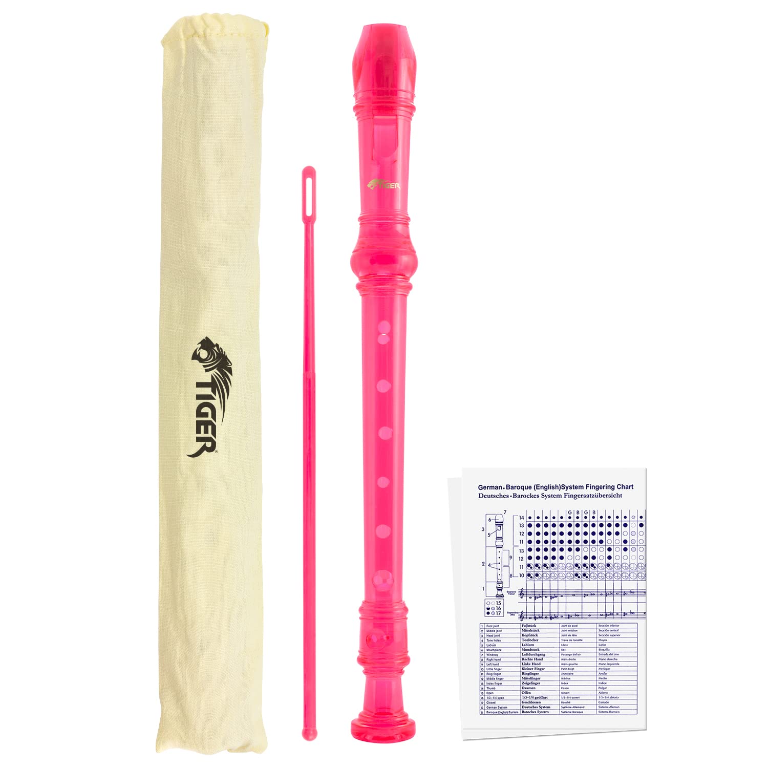 Tiger REC7-PK Descant/Soprano School Recorder - Pink | with Bag, Cleaning Rod an