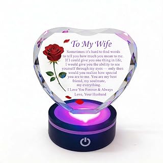 Romantic Gifts for Wife, Crystal Heart Rose Keepsake with LED Base