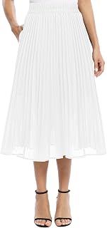 EXCHIC Women's Casual Chiffon Elastic Waist A-Line Pleated Midi Skirt with Pockets