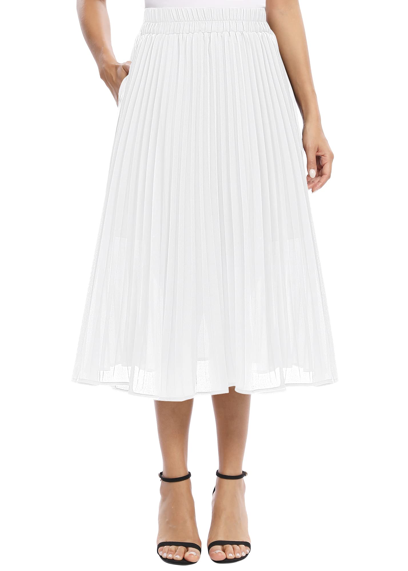 EXCHIC Women's Casual Chiffon Elastic Waist A-Line Pleated Midi Skirt with Pocke