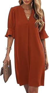 Wkior Women Dress V Neck Short Sleeve Solid Color Casual Summer Dresses (S-2XL)